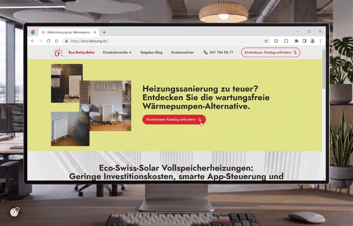 Monitor steht auf dem Schreibtisch und zeigt die Webseite eco-heizung.ch an