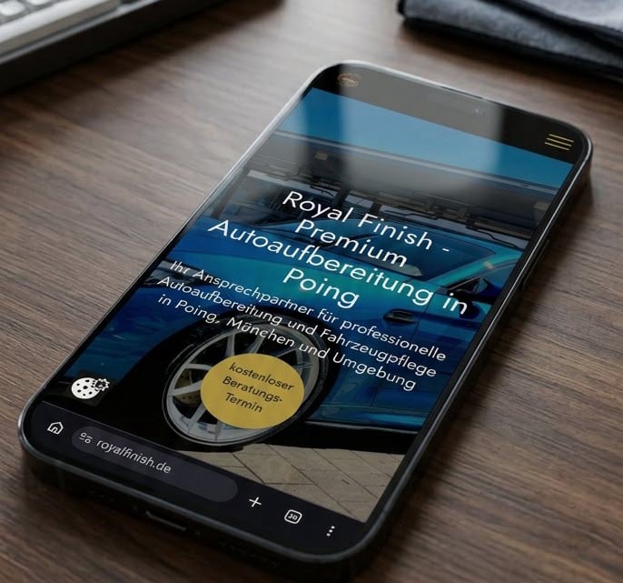 smartphone liegt auf einem Schreibtisch und zeigt die Webseite von royalfinish.de an